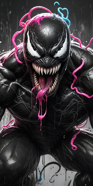 Black and white sketch, realistic, Venom, Marvel comics, chains, (((splashes of neon colors)))), neon colors