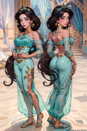 The concept character sheet of a strong, attractive, and hot princess Jasmine large breast. Her face is oval,  forehead is smooth and visibly rounded at the temples. jawline is softly defined,  giving her a gentle and feminine appearance, full body,  Full of details, frontal body view, back body view, Highly detailed, Depth, Many parts,((Masterpiece, Highest quality)), 8k, Detailed face (long hair), angry expression, Infographic drawing. Multiple sexy poses. tattoos,3d,Jessica_Drew_aiwaifu, Big round ass, princess Jasmine