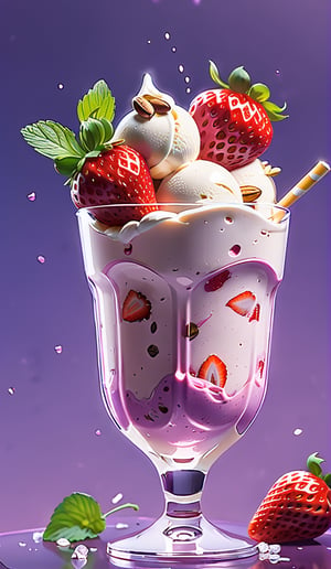 strawberry ice cream with milk cream, in a stylish modern glass, ice cubes, nuts, mint leaves, splashing milk cream, in a gradient purple background, fluid motion, dynamic movement, cinematic lighting, Mysterious, golden ratio, fake detail, trending pixiv fanbox, acrylic palette knife, style of makoto shinkai studio ghibli genshin impact james gilleard greg rutkowski chiho aoshima