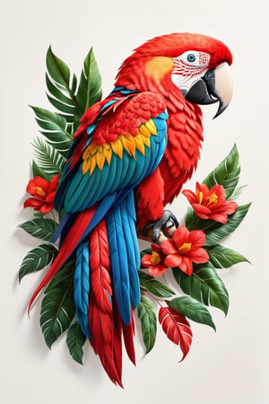 Draw a picture of an red macaw parrot ( beautiful red macaw parrot )  and blend it with the perfect balance between art and nature, combining elements such as flowers, leaves, and other natural motifs to create unique and intricate designs with symmetry, perfect_symmetry, Leonardo style, ghost style, line_art, 3D style, white background