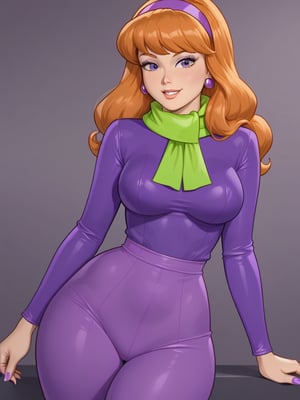 Extreme detail, 
daphne, ((Daphne blake )), purple hair headband , ((Green scarf around her neck)), long orange hair, daphne blake hair style orange hair, from scooby doo cartoon, 

muscel mommy, nerdy, thick thighs, big butt, slim waist, slut taking dick