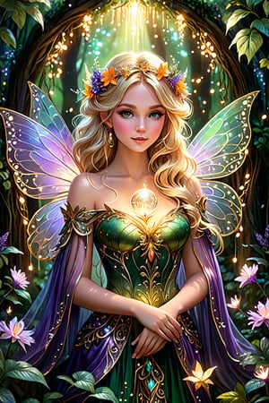 A hyperrealistic, vibrant illustration of a mystical fairy in an enchanting forest setting. The central figure is a beautiful fairy with wavy blonde hair
adorned with delicate flowers and leaves. She has a serene expression as she gazes at a purple glowing orb she holds in her hands. Her outfit is an intricately designed dark green and gold dress with metallic accents, emphasizing her ethereal nature. Her large, iridescent wings blend shades of orange and gold, featuring delicate patterns. The background depicts a magical forest at twilight, with soft ambient lighting creating a mystical atmosphere. The lush, dense forest is filled with hints of magical creatures and glowing lights, adding to the enchanting feel. The lighting highlights the fairy's delicate features and the intricate details of her attire, creating a captivating and other, cinematic, photo
,Insta Model,style