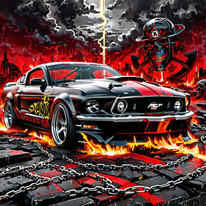 Ultra wide photorealistic medieval gothic image of "2024" lettering, custom design, graffiti, racing serial number, fast lanes, full car Ford mustang, iron chains in the background, crossed colts, skull outline. Dark sun, giant cybernetic abstract, rocky road, black and neon laser yellow-red gray, ink flow - 8k photorealistic masterpiece - by Aaron Horkey and Jeremy Mann - detail. liquid gouache: Jean Baptiste Mongue: calligraphy: acrylic: color watercolor, cinematic lighting, maximalist photo illustration: marton Bobzert: 8k concept art, intricately detailed realism, complex, elegant, sprawling, fantastical and psychedelic, dripping with color,science fiction