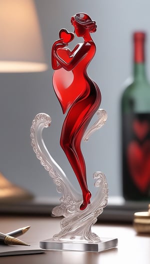 Generate an image of a sophisticated glass art rendition featuring  red heart . The intricately crafted figurine stands elegantly on a desk, capturing the essence of high-end craftsmanship.Clear Glass Skin, red heart -themed , realistic glass style , Valentine day