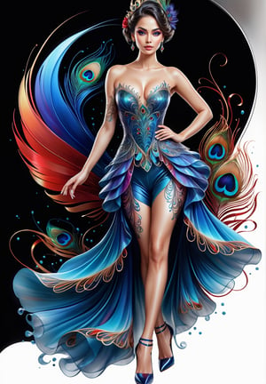 thin and very fine color lines stroke, ink splash art, 1 liquid lady made of colors, colorful peacock feathers, filigree, filigree detailed, swirling blue waves and red flame, intricated walking pose, big beautiul eyes, reflections, full body portrait, crystal high heels,