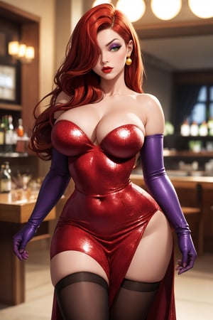 CARTOON_jessica_rabbit_aiwaifu,aiwaifu,

hair over one eye,red hair,narrow waist,very long hair, big hair, tall female, toned,makeup,lipstick,large breasts,eyeshadow,green eyes,thighs,huge breasts,red lips,lips,curvy,thick thighs,wide hips,collarbone,long legs, one eye covered, 

elbow gloves,purple gloves,dress,bare shoulders,cleavage,red dress,strapless,strapless dress,side slit,jewelry,earrings,long dress,cocktail dress,pantyhose,thighhighs,
official art,extremely detailed CG unity 8k wallpaper, perfect lighting,Colorful, Bright_Front_face_Lighting,shiny skin, (masterpiece:1.0),(best_quality:1.0), ultra high res,4K,ultra-detailed, photography, 8K, HDR, highres, (absurdres:1.2), Kodak portra 400, film grain, blurry background, (bokeh:1.2), lens flare, (vibrant_color:1.2),professional photograph, (beautiful_face:1.5),QueenMarika_nsfw_aiwaifu