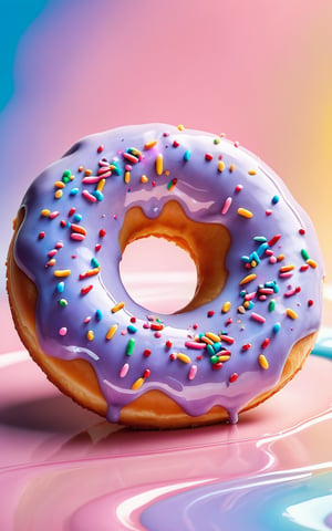 (best quality, 4k, 8k, highres, masterpiece), ultra-detailed,a donut coated with an iridescent glossy glaze that mirrors a pastel rainbow with swirls of ethereal pastel nebulas covered in colorful sprinkles 
