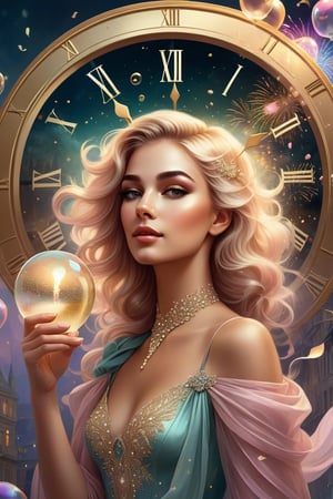 dreamy soft hues || Bold illustration, masquerade, in front of a new years countdown clock, charlie bowater and Gediminas Pranckevicius and victo ngai, surreal fantasy illustration, realistic proportions, complex composition, linework, decorative elements, vector painting, highly detailed, digital illustration, artstation, beautiful, wholesome, nostalgia, high quality || fireworks, champagne bubbles, impossible dream, aesthetic fantasycore art, vibrant soft colors