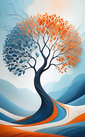 (high quality, digital art, abstract landscape, muted colors, minimalistic), a stylized tree with an intricate trunk, large and swirling abstract foliage in shades of blue, orange, and white, impressionistic and painterly style, serene and calm atmosphere, smooth and flowing brushstrokes, high contrast, subtle gradient background, ethereal and artistic ambiance, creative and unique composition, high resolution, detailed textures, mesmerizing and captivating design