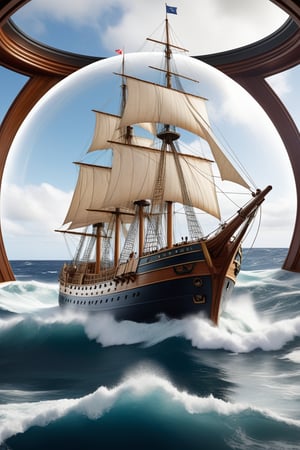 watercraft, no humans, ship, waves, water, ocean, clock, indoors, boat, scenery, blurry, anchor, rating_general. A large, three-masted sailing ship with a wooden hull and white sails is depicted in a glass dome, sailing on a turbulent sea. The ship is surrounded by a large wave, and the dome is placed on a wooden base adorned with intricate designs. The scene is set against a backdrop of a dark room with a large window, allowing natural light to illuminate the ship and its surroundings.