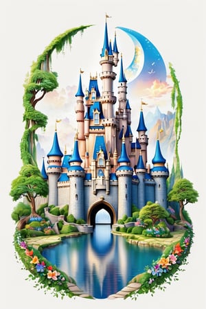 Draw a picture of an  Disney castle  ( beautiful Disney castle )  and blend it with the perfect balance between art and nature, combining elements such as flowers, leaves, and other natural motifs to create unique and intricate designs with symmetry, perfect_symmetry, Leonardo style, ghost style, line_art, 3D style, white background