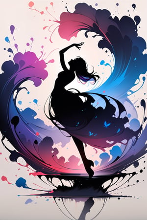 silhouette of a girl, ink brushstrokes in background, looking at viewer, dancing pose, ink rain, stunning image, ink smoke, digital art, professional style, ((masterpiece quality: 2)), ink droplets, attractive image.,INK,Ink art