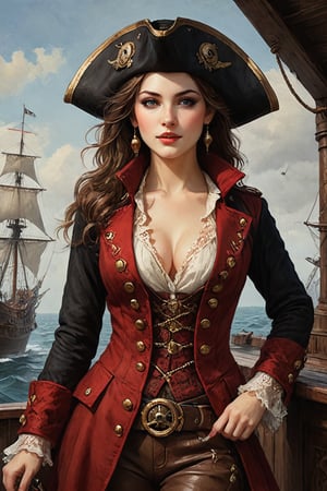 Oil painting of a very beautiful pirate captain  manga girl, perfect detailed eyes, perfect detailed nose, perfect detailed lips. She wears a red and black velvet long jacket with golden buttons, shirt adorned with lace, brown leather trousers, Intricately detailed accessories and pirate hat. She is on the deck of her ship and cheers her crew on to fight during the battle. Dynamic pose. Masterpiece, vibrant colors, eerie detail perfection, absurdres detail, realistic illustration, extremely detailed, intricately sharp details, sharp focus, chaotic (ships battle scenario:1.3), ships on background 