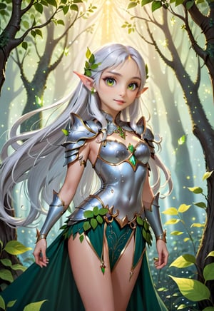 A tall, elegant elf with long, silver hair and pointed ears. She wears ornate armor made of leaves and silver, holding a glowing bow. The background is an enchanted forest with magical creatures and glowing flora.