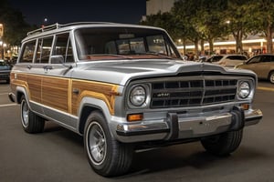 photorealistic, 32k, hdr, realistic, raw photo,  1982 jeep wagoneer  , muscle car, night, car meet, wire tire, silver decorative wheels, square headlights, crowded, detailed background, masterpiece, best quality, ultra-detailed, very aesthetic, illustration, perfect composition, intricate details, absurdres,