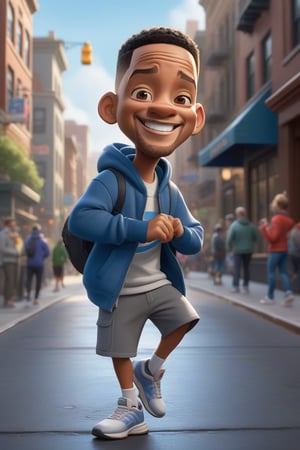 Pixar-style full-length caricature of a mischievous Will Smith in a dynamic pose on a bustling city street, wearing a sports sweatshirt, created by Greg Rutkowski with sharp focus, depth of field, perfect composition and intricate details. , trending on ArtStation and featured on Pixiv Fanbox, digital art, 8K HDR, ultra-realistic, with the feeling