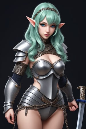 sexy female elf warrior with small ears chainmail armor sword