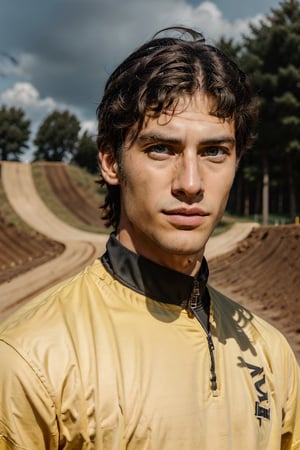 Hyper realistic image of an athletic looking Caucasian man dressed biker yellow uniform. ((The uniform yellow Fox Racing Sports whit Logos: 1.2)). The character should have detailed skin texture, well-defined hands, and hazel eyes that reflect realism. His face should show symmetry in his physical features, and he should have a serious but friendly expression. When standing, the lighting in the scene should be natural and realistic, with a medium shot that shows the character centered in the frame, (looking directly at the viewer: 1.2). ((Also, make sure his entire body is facing the viewer to create a sense of connection: 1.6)).
(Fund of a BMX track: 1.6)