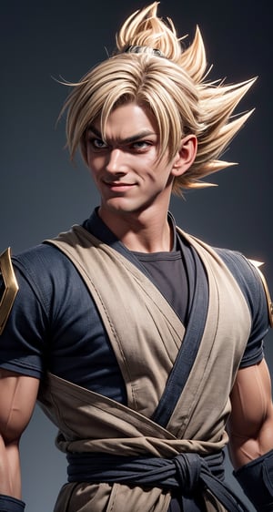 {{masterpiece}}}, {{{best quality}}}, {{{ultra-detailed}}}, {cinematic lighting}, {illustration).
Goku, with his piercing gaze and dark eyes filled with determination, reflects his fearless spirit. His long, spiky blond hair, characteristic of Saiyans, frames his face with an air of constant adventure. His genuine smile radiates warmth and confidence, while his muscular, athletic build evidences his rigorous training. His mark of character, his scars from past battles,  add depth to his figure. Detailed skin texture. Taken together, these physical traits portray Goku as an unflappable and friendly hero with an unmistakable aura.
Defiant look at the viewer.
with a medium shot that shows the character centered in the frame, (looking directly at the viewer: 1.2). ((Also, make sure his entire body is facing the viewer to create a sense of connection: 1.9)).
((Goku's characteristic orange and blue uniform: 1.7)).
(((Emblematic Logo embodied on his chest: 1.6)))
((Total absence of background, gray fade: 1.8))