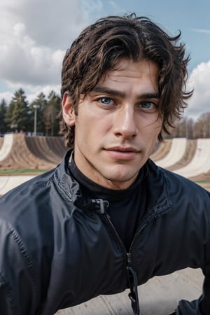 Hyper realistic image of an athletic looking Caucasian man dressed biker uniform. ((The uniform Blue Fox Racing Sports whit Logos: 1.2)). The character should have detailed skin texture, well-defined hands, and hazel eyes that reflect realism. His face should show symmetry in his physical features, and seductive smile, casual hairstyle, detailed finger nails, beautiful teeth, extremely detailed. When standing, the lighting in the scene should be natural and realistic, with a american shot that shows the character centered in the frame, (looking directly at the viewer: 1.9) (Face directly at the viewer: 1.9), (challenging gaze). ((Also, make sure his entire body is facing the viewer to create a sense of connection: 1.9)).
(Fund of a BMX track: 1.6)
detailed background, real-life lighting