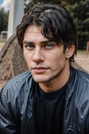Hyper realistic image of an athletic looking Caucasian man dressed biker Blue uniform. ((The uniform Blue Fox Racing Sports whit Logos: 1.2)). The character should have detailed skin texture, well-defined hands, and hazel eyes that reflect realism. His face should show symmetry in his physical features, and seductive smile, casual hairstyle, detailed finger nails, beautiful teeth, extremely detailed. When standing, the lighting in the scene should be natural and realistic, with a american shot that shows the character centered in the frame, (looking directly at the viewer: 1.2) (Face directly at the viewer: 1.2), (challenging gaze). ((Also, make sure his entire body is facing the viewer to create a sense of connection: 1.6)).
(Fund of a BMX track: 1.6)
detailed background, real-life lighting