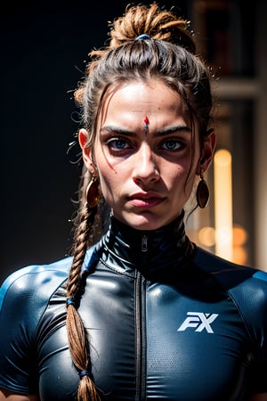 Portrait, photography, androgynous hanuman, oval jaw, delicate features, handsome face, dreadlocked hair, long bangs, long ponytail, bright blue eyes, cyberpunk art inspired by Fox Racing brand cycling uniforms, staring at camera , subtle smile. (Posture facing the camera).
