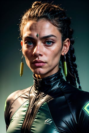 Portrait, photography, androgynous hanuman, oval jaw, delicate features, handsome face, dreadlocked hair, long bangs, long ponytail, glowing blue-green eyes, cyberpunk art inspired by Fox Racing brand cycling uniforms, staring towards the camera, subtle smile. (Posture facing the camera).