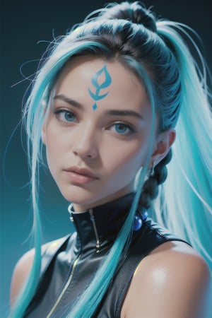 Portrait, photography, androgynous hanuman, oval jaw, delicate features, handsome face, dreadlocked hair, long bangs, long ponytail, bright blue eyes, cyberpunk art inspired by Fox Racing brand cycling uniforms, staring at camera . (Pose facing the camera).