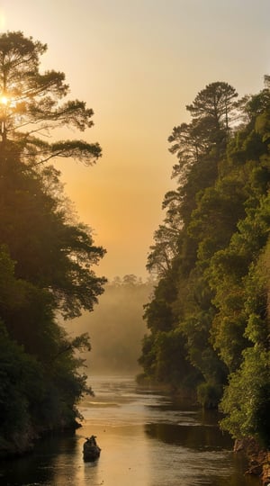 Afternoon sunset landscape showing a wide river surrounded on both sides by a pine forest of very tall trees. A hazy sun shining on the river in the distance on the horizon. Fog floats over the water. The view shows the viewer floating in the river water