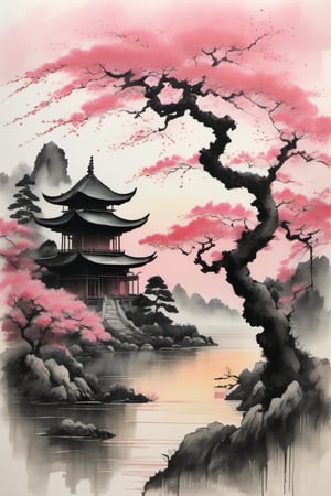 ink scenery, no humans, sunset, lake in the middle of the forest, big tree, blooming branches, pink flower, Japanese temple, muted colors, negative space, chinese ink drawing