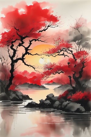 ink scenery, no humans, lake, trees, sunset, sun, muted colors, blooming tree, red flowers, lake in the middle of the forest, negative space, chinese ink drawing