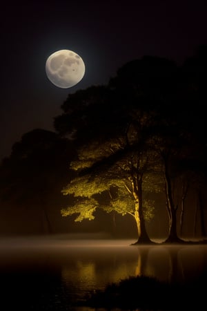 valley in the forest. light sources come from the Moon illuminating the trees, fog emerging from the river, the moonlight reflects in harmony with the night