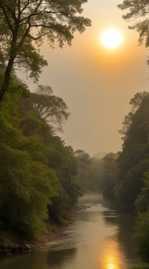 Afternoon sunset landscape showing a wide river surrounded on both sides by a pine forest of very tall trees. A hazy sun shining on the river in the distance on the horizon. fog slightly rises over the river The view shows the viewer floating in the river water