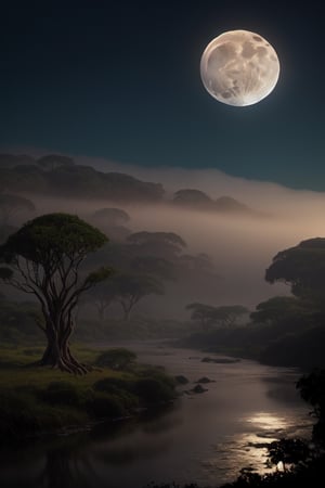 A big tree whose branches reach to the sky like nature's mountains. In the distance, mist emerges from a misty river, the moonlight reflects in harmony with the night