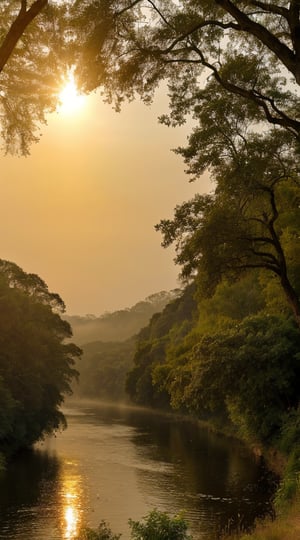 Afternoon sunset landscape showing a wide river surrounded on both sides by a pine forest of very tall trees. A hazy sun shining on the river in the distance on the horizon. Fog floats over the water. The view shows the viewer floating in the river water