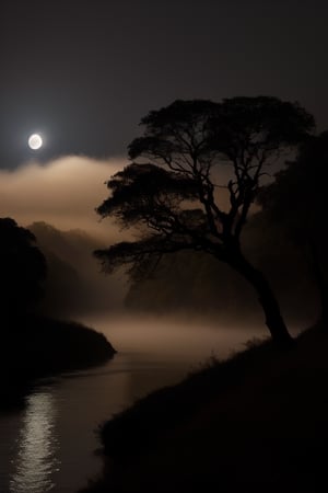 A big tree whose branches reach to the sky like nature's river valley. Mist emerges from the river, the moonlight reflects in harmony with the night