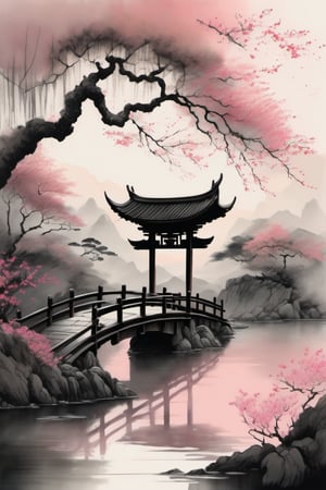 ink scenery, no humans, sunset, lake in the middle of the forest, big tree, blooming branches, pink flower, Japanese gate, Chinese bridge over the pond, muted colors, negative space, chinese ink drawing