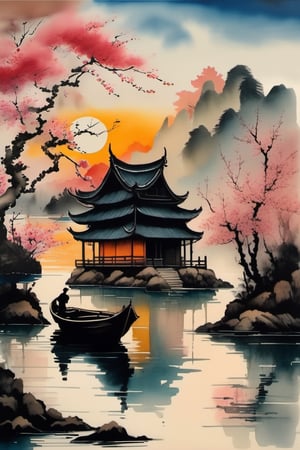 ink scenery, no humans, sunset, lake in the middle of the forest, blooming large cherry branches touching the water, boat on the water, muted colors,  negative space,  chinese ink drawing