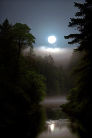 valley in the forest. light sources come from the Moon illuminating the trees, fog emerging from the river, the moonlight reflects in the river