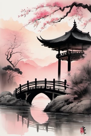 ink scenery, no humans, sunset, lake in the middle of the forest, big tree, blooming branches, pink flower, Japanese gate, Chinese bridge over the pond, muted colors, negative space, chinese ink drawing