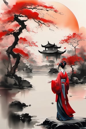 ink scenery, girl dressed in traditional chinese hanfu, japanese garden,  sunset, sun, blooming tree, red flowers, negative space, chinese ink drawing