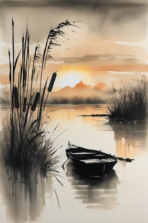 ink scenery, no people, sunrise, river valley, river reeds, boat close to the viewer, muted colors, negative space, chinese ink drawing