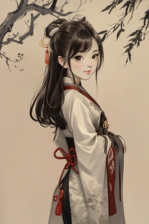 ink scenery, young girl, hanfu, trees, muted colors, negative space, shuimobysim