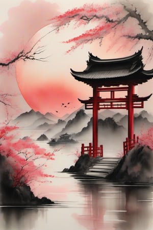 ink scenery, no humans, sunset, red sun,  Japanese gate in the middle of the lake, blooming branches, pink flower, muted colors, negative space, chinese ink drawing