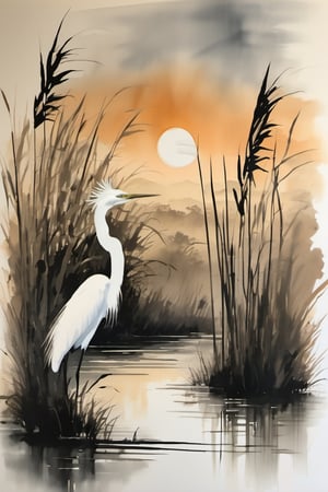 ink scenery, no humans, sunset, river valley, river reeds, big egret, muted colors, negative space, chinese ink drawing