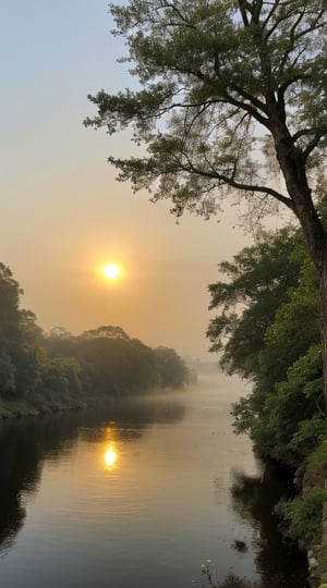 Afternoon sunset landscape showing a wide river surrounded on both sides by a pine forest of very tall trees. A hazy sun shining on the river in the distance on the horizon. Fog floats over the water. The view shows the viewer floating in the river water