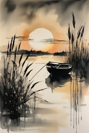 ink scenery, no people, sunrise, river valley, river reeds, boat close to the viewer, muted colors, negative space, chinese ink drawing