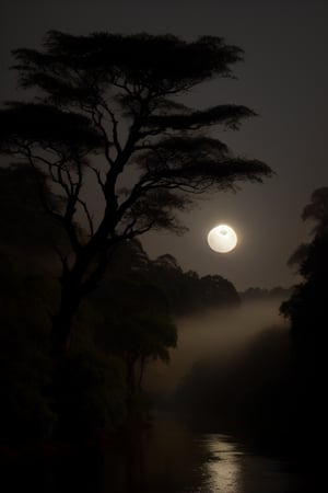 A big trees whose branches, river valley. Mist emerges from the river, the moonlight reflects in harmony with the night