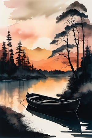 ink scenery, no humans, lake, trees, sunset, muted colors, boat on the water, reflection. river valley in the middle of the forest, negative space