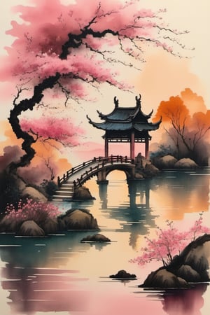 ink scenery, no humans, sunset, lake in the middle of the forest, big trees, blooming branches, pink flowers on the water, big temple with stairs, Chinese bridge over the pond, muted colors,  negative space,  chinese ink drawing